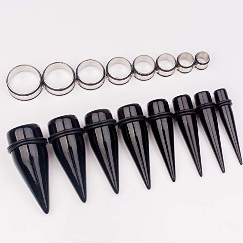 32 PCS 00G - 24mm Ear Taper Kit Gauge Stretching Kit | Hypoallergenic surgical Stainless steel Tapers Tunnels Plugs, body piercing jewelry for women and men - color: Black