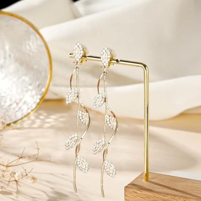 Gold/Silver Clip on Earrings Non Pierced for Women - 14K Gold Plated Long Tasse Drop Dangle Clip Earrings - Cubic Zirconia Leaf Earrings for Women Gold Wedding Jewelry Gifts - color: 14K gold plated