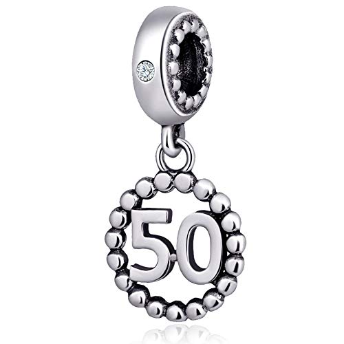 5,10,15,16,17,18,20,21,25,30,35,40,42,49,50,55,60,65,70 Number Charms for European Bracelet, 925 Sterling Silver Birthday Pendant Beads with CZ, Gifts for Mothers Day/Anniversary - color: Silver Color Number 50 Charm