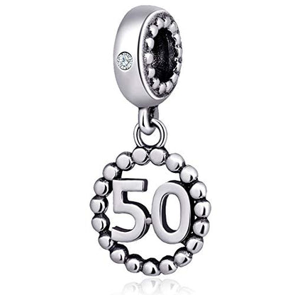 5,10,15,16,17,18,20,21,25,30,35,40,42,49,50,55,60,65,70 Number Charms for European Bracelet, 925 Sterling Silver Birthday Pendant Beads with CZ, Gifts for Mothers Day/Anniversary - color: Silver Color Number 50 Charm