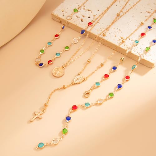 Layered Cross Necklace Set for Women, Layered Choker Necklaces Trendy Jewelry, Colorful Enamel Beaded Y-Shaped Lariat Necklace, Boho Multilayer Cross Necklace for Party and Daily Wear - color: Gold-14
