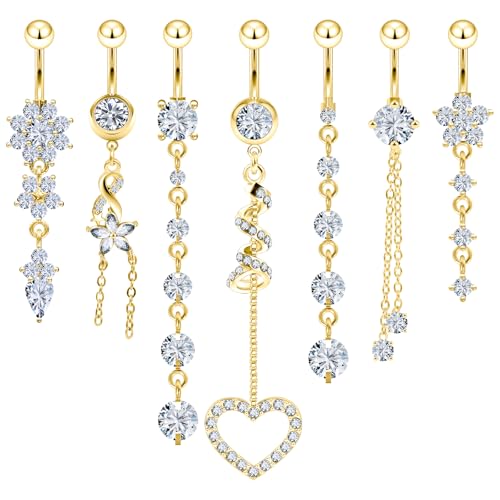 14G Belly Button Ring Piercing Surgical Steel Clear Pink CZ Dangling Navel Rings 10MM Length Hypoallergenic Heart Flower Belly Piercing Jewelry for Women Men Silver Gold - color: Gold- Clear CZ