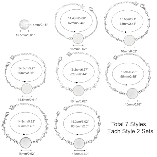 PH PandaHall 28 pcs Bracelet Bezel Settings for Jewelry DIY Craft Making | 14 pcs 7 Styles 304 Stainless Steel Bezel Bracelets Blank Tray Bangles, 14 pcs 16mm Flat Round Clear Glass Cabochons