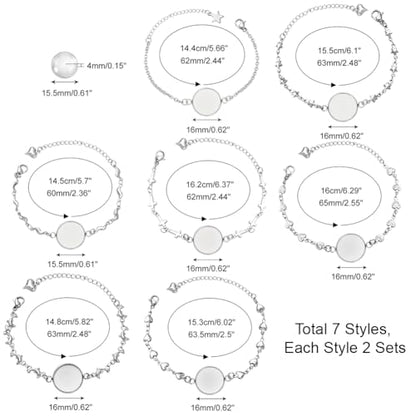PH PandaHall 28 pcs Bracelet Bezel Settings for Jewelry DIY Craft Making | 14 pcs 7 Styles 304 Stainless Steel Bezel Bracelets Blank Tray Bangles, 14 pcs 16mm Flat Round Clear Glass Cabochons