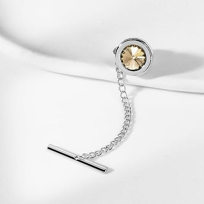 HAWSON Mens Tie Tack with Chain Round Crystal Wedding Business Accessories - color: Silver + Champagne