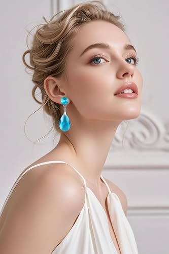 Round and Teardrop Crystal Stud Dangle Earrings Hypoallergenic Gold Plated Birthstone Drop Earrings Trendy Evening Prom Pageant Jewelry Gift for Women - color: light blue