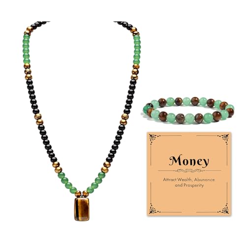 Money Bracelets Necklace Jewelry Set for Women Men Jade Crystal Tiger Eye Obsidian Beaded Necklace Feng Shui Good Luck Money Bracelet Wealth Attraction Accessories Outfits Protection Jewelry Gifts - color: A2