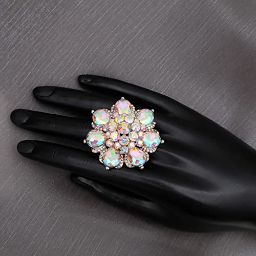 Flower Shape Crystal Cocktail Stretch Ring Party Prom Floral Statement Elastic Ring for Women - color: AB crystal-Platinum tone