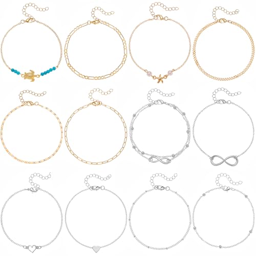 Starain 12Pcs Summer Beach Anklets for Women Waterproof Gold Silver Chain Ankle Bracelets Cute Women's Foot Anklet Set 7.9-10.5 inch Adjustable - color: 12Pcs Silver and Gold
