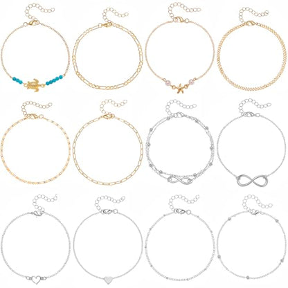 Starain 12Pcs Summer Beach Anklets for Women Waterproof Gold Silver Chain Ankle Bracelets Cute Women's Foot Anklet Set 7.9-10.5 inch Adjustable - color: 12Pcs Silver and Gold