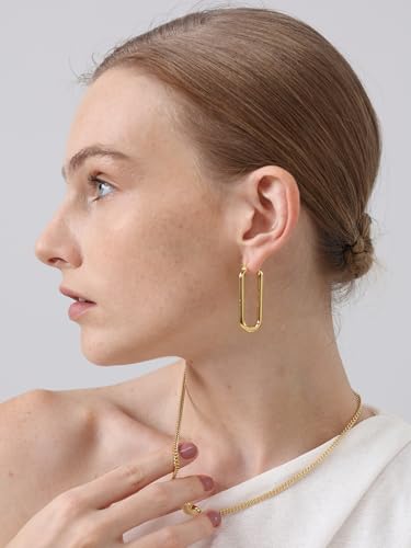 FRUMOS 18K Gold Plated Chunky Hoop Earrings for Women Fashion Thick Gold Hoops Set Jewelry for Birthday Christmas Gifts - color: Gold Thick Oval Hoop