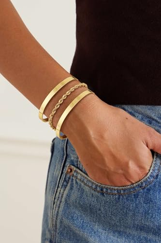 14K Gold Plated Stackable Bangle Bracelets for Women | Dainty Cuff Bracelets, Stackable for Women, Waterproof Bracelet Stack, Gold Jewelry Gifts Trendy Adjustable Accessories - color: 3-layer-B-Gold