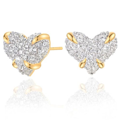 MEVECCO Pave Cubic Zirconia Stud Earrings for Women, 18K Gold Plated Brass | Pave CZ Fronts, Curved Gold Plated Edge Accents, Soft Motifs and Clean Geometric Styles - style: heart