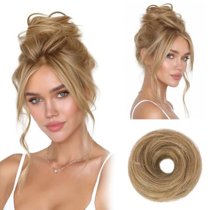 RUWISS 100% Human Hair Bun Small Messy Bun Hair Piece, Mini Natural Looking Scrunchies Updo for Daily (Soft Natural Blonde) - color: Soft Natural Blonde