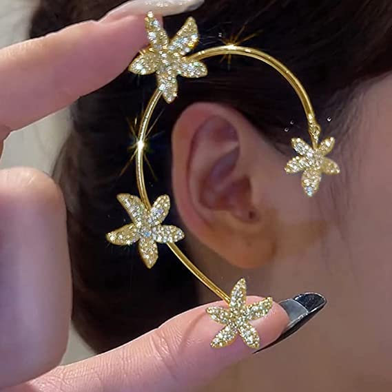 BETHYNAS Glitter Rhinestone Butterfly Flower Ear Cuff Sparkly Non-Pierced Crystal Tassel Fake Earrings Climber Lady Ear Wrap Bridal Party Ear Jewelry for Women and Girls - color: Gold Flower