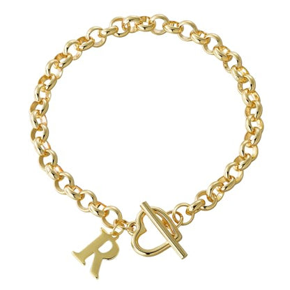 14K Gold Plated Stainless Steel A-Z Alphabet Letter Heart Bracelet | Non-Tarnish Dainty Charm with a Romantic Toggle Clasp Daily Fashion Jewelry, 7-inch Rolo Chain, Personalized Gift for Her - color: R