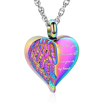 shajwo Cremation Heart Urn Necklace Ashes Jewelry for Women Men Keepsake Pendant Memorial Locket Ash Holder - color: Wing-Rainbow