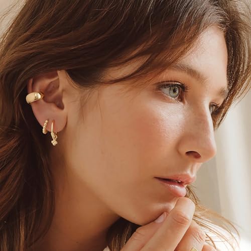 MYEARS Women Earrings Gold Huggie Hoop 14K Small Simple Hypoallergenic Everyday Jewelry - style: Beaded