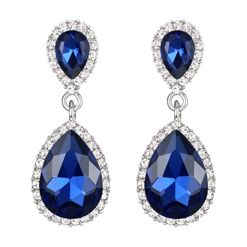 EVER FAITH Women's Austrian Crystal Wedding Tear Drop Dangle Earrings | Bridal Prom Jewelry for Bride Bridesmaid - color: Navy Blue