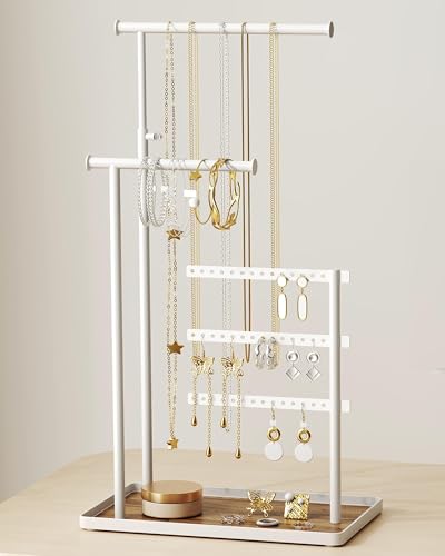 susswiff Jewelry Holder Organizer Stand - Adjustable Tall 17.5" (Max), Sturdy Jewelry Hanger for Necklaces, Earrings, Bracelets, Rings, Jewlery Display and Storage, White, Metal - color: White