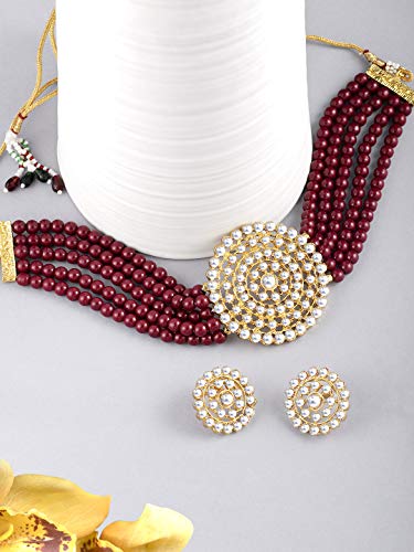 Aheli Pearl Diamond Choker Necklace & Round Earrings Gift for Women Indian Traditional Bollywood Fashion Bharatanatyam jewellery set - color: Maroon 3