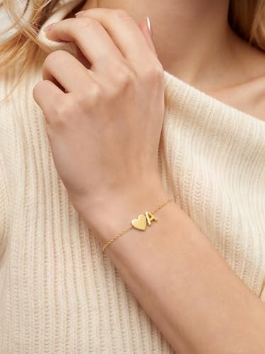 KeyStyle Initial Heart Bracelet for Women Waterproof Stainless Steel Chain | 14K Gold Plated /Silver A-Z Letter Adjustable Charm Bracelet, Hypoallergenic Non Tarnish Dainty Gift for Everyday Wear - color: 14K Gold Plated-A