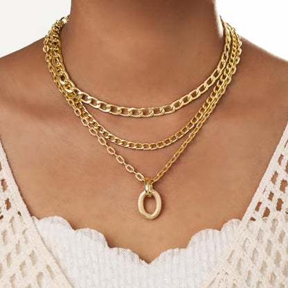 Layered Gold Necklace for Women Boho Turquoise Beaded Chain Set with Long Coin Pendant Trendy Y Necklace for Everyday Jewelry Gifts boho fashion fall fashion jewelry womens fashion - color: D-Minimally designed ins geometric oval pendant thick necklace