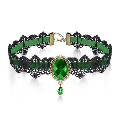 AILUOR Punk Rock Wedding Party Handmade Black Lace Choker, Gothic Retro Lolita Beads Chain Vampire Pendant Necklace for Women Halloween - color: Green
