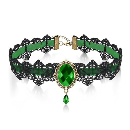 AILUOR Punk Rock Wedding Party Handmade Black Lace Choker, Gothic Retro Lolita Beads Chain Vampire Pendant Necklace for Women Halloween - color: Green