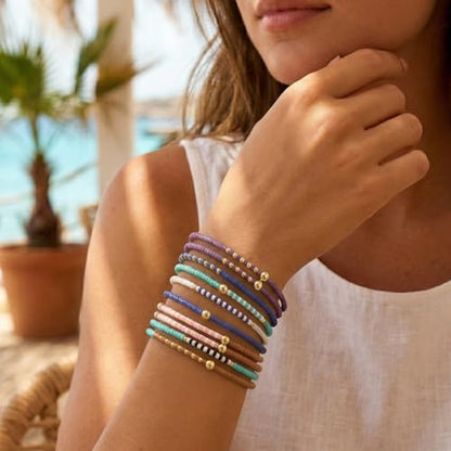 Colorful Stackable Rice Small Mini Seed Beaded Bracelets Set For Women, Handmade Dainty Boho Gold Glass Stretch Accessories Jewelry,Summer Beach Party Daily Friendship Gift - color: 10Pcs Blue Pink Brown