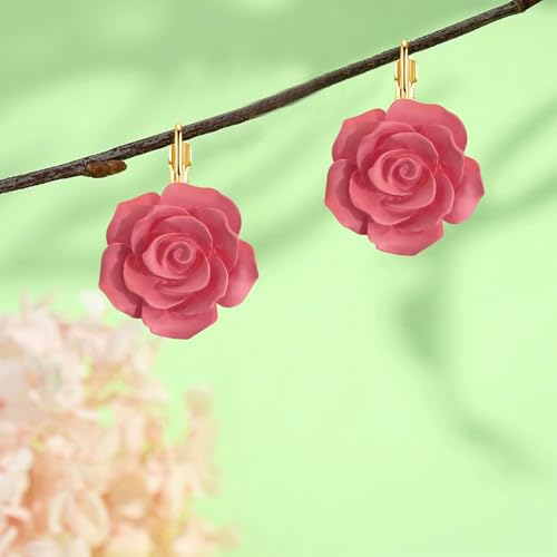 Handmade Bohemian Aesthetic Dainty Acrylic Flower Petal Leverback Earrings Sparkly 14K Gold Floral Dangle Drop Earrings for Women - color: Dark Pink