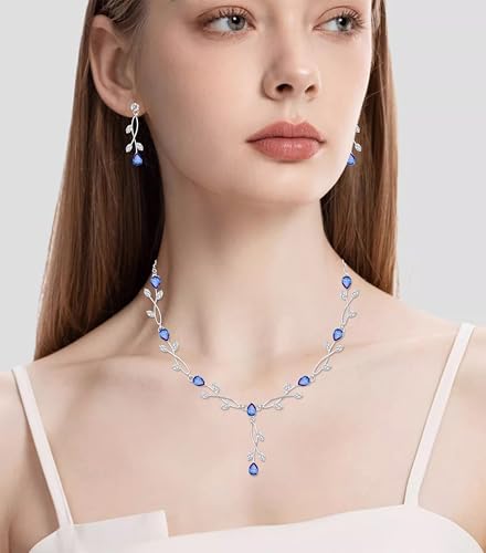 CSY Elegant Bridal Jewelry Sets Clear Cubic Zirconia Wedding Necklace Earrings Bracelet Set for Birdes Bridesmaids CZ Prom Jewelry - color: Royal Blue-Necklace Earrings Bracelet