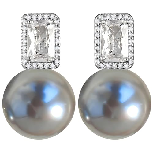 Faux Pearl Cubic Zirconia Stud Earrings, Hypoallergenic Lightweight Round Pearl Studs for Women - color: Blueish Silver, size: Pearl 12mm-CZ 4*8mm