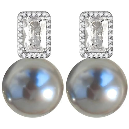 Faux Pearl Cubic Zirconia Stud Earrings, Hypoallergenic Lightweight Round Pearl Studs for Women - color: Blueish Silver, size: Pearl 12mm-CZ 4*8mm