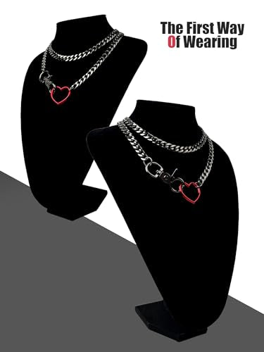 paloli Women's Slip Chain Rainbow Heart O-Ring Chunky Chain Necklace, Rays Cuban Long Layered Jewelry, Adjustable Lariat Y-Necklace Heart Loop Choker - color: C-Heart-Black-Red