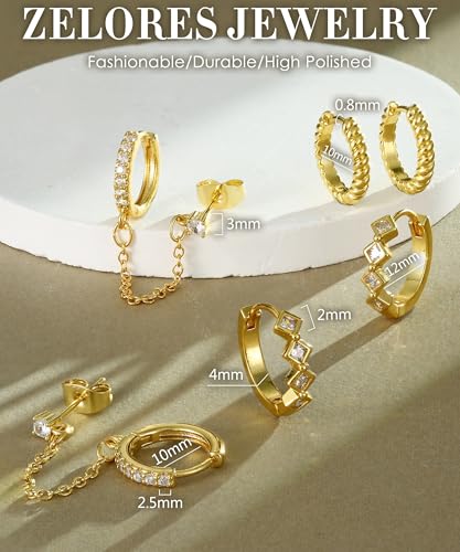 3 Pairs Dangle Hoop Chain Earrings Stacks for Women Trendy Huggie Earring | Non-Tarnish 5A CZ Stones Hoops Earrings Set for Multiple Piercing - style: 14K Gold Plated-Hoop Dangle