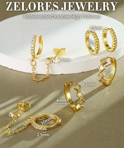 3 Pairs Dangle Hoop Chain Earrings Stacks for Women Trendy Huggie Earring | Non-Tarnish 5A CZ Stones Hoops Earrings Set for Multiple Piercing - style: 14K Gold Plated-Hoop Dangle