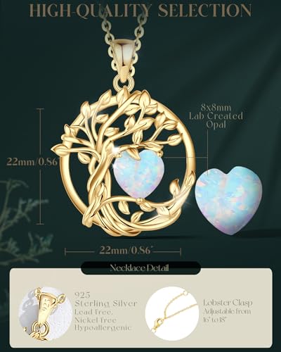 FANCIME Tree of life Birthstone necklace Sterling Silver Pendant Birthstone Necklace Gemstone Anniversary Birthday Jewelry Mothers Day Gifts for Mom Her Wife - color: Yellow gold-10-opal