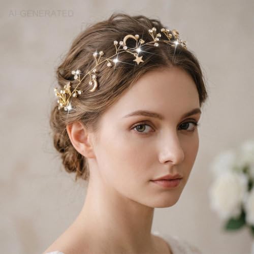 Casdre Star Rhinestone Hair Vine Gold Moon Headpiece Bridal Headband Crystal Bride Wedding Hair Accessories for Women and Girls