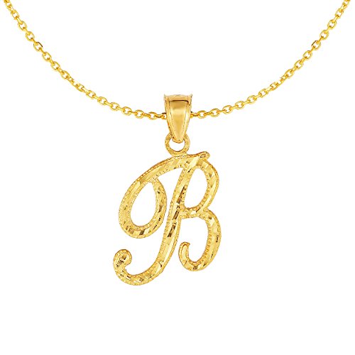 Floreo 10K Yellow Gold Charm Pendant Letter A-Z Personalized Alphabet Initial Name with optional 18 Inch Necklace - style: B