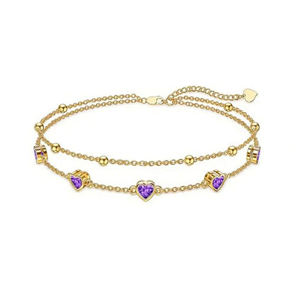 Midari 18K Yellow Gold Gemstone Birthstone Anklet Bracelet Heart Jewelry with 12 Months Birthstone Birthday Gifts for Women Wife Her Daughter Mom - color: 02-Feb-Amethyst, size: Bracelet 7"-9"