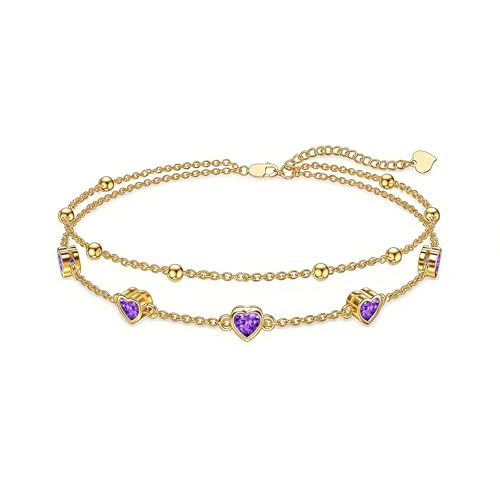 Midari 18K Yellow Gold Gemstone Birthstone Anklet Bracelet Heart Jewelry with 12 Months Birthstone Birthday Gifts for Women Wife Her Daughter Mom - color: 02-Feb-Amethyst, size: Anklet 9"-11"