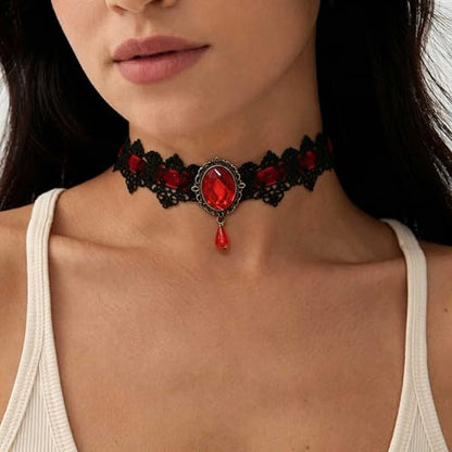Black Necklaces for Women,Adjustable Layered Collar,Goth Jewelry - color: Red Gem