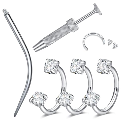 18G 20G Horseshoe Nose Rings Studs with Taper and Grabber | Surgical Steel Nose Ring Pink Cubic Zirconia Nose Piercing,Internally Threaded Nose Rings For Women,Colorful Zirconia - color: Silver-3Pcs White