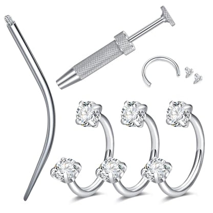 18G 20G Horseshoe Nose Rings Studs with Taper and Grabber | Surgical Steel Nose Ring Pink Cubic Zirconia Nose Piercing,Internally Threaded Nose Rings For Women,Colorful Zirconia - color: Silver-3Pcs White