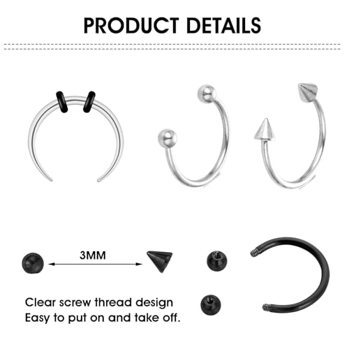 Yolev 9Pcs septum Rings Septum Jewelry 16g 18g Septum Ring Septum Piercing 20g Horseshoe Earring Hoop Stainless Steel Nose Ring Hoop Nose Piercing Jewelry for Women and Men - color: silver