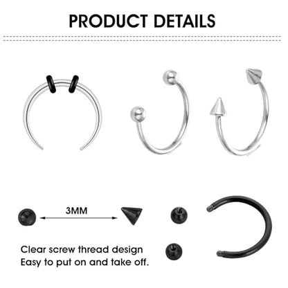 Yolev 9Pcs septum Rings Septum Jewelry 16g 18g Septum Ring Septum Piercing 20g Horseshoe Earring Hoop Stainless Steel Nose Ring Hoop Nose Piercing Jewelry for Women and Men - color: silver