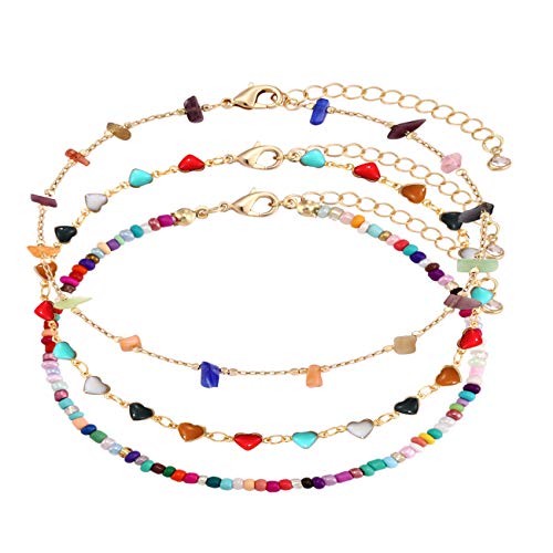 Boho Beaded Ankle Bracelet Beach 18 K Gold Plated Anklet Bracelets Handmade Colorful Seed Beads Butterfly Evil Eye Heart Link Chain Anklet Pack Cute Summer Foot Jewelry for Women - style: beaded ankle bracelet A set