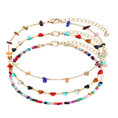 Boho Beaded Ankle Bracelet Beach 18 K Gold Plated Anklet Bracelets Handmade Colorful Seed Beads Butterfly Evil Eye Heart Link Chain Anklet Pack Cute Summer Foot Jewelry for Women - style: beaded ankle bracelet A set