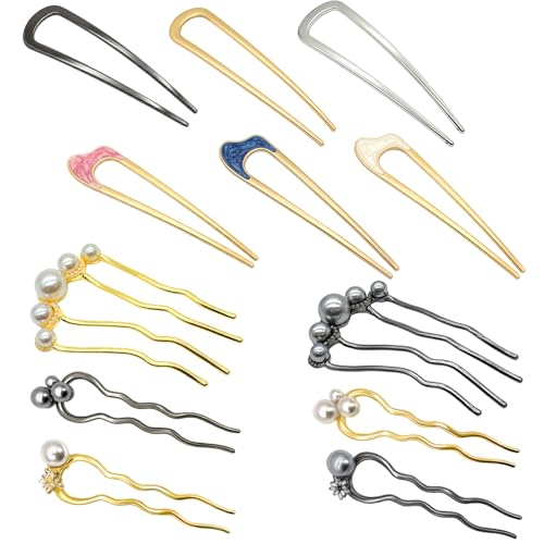 12 Pcs Decorative French Hair Pins for Women, Elegant Metal Hair Pins with Pearls for French Twists, Buns & Updos | All-Day Secure Hold, Wavy Non-Slip Design | U-Shaped French Pin Set - color: Gold Silver Black 12 Pcs